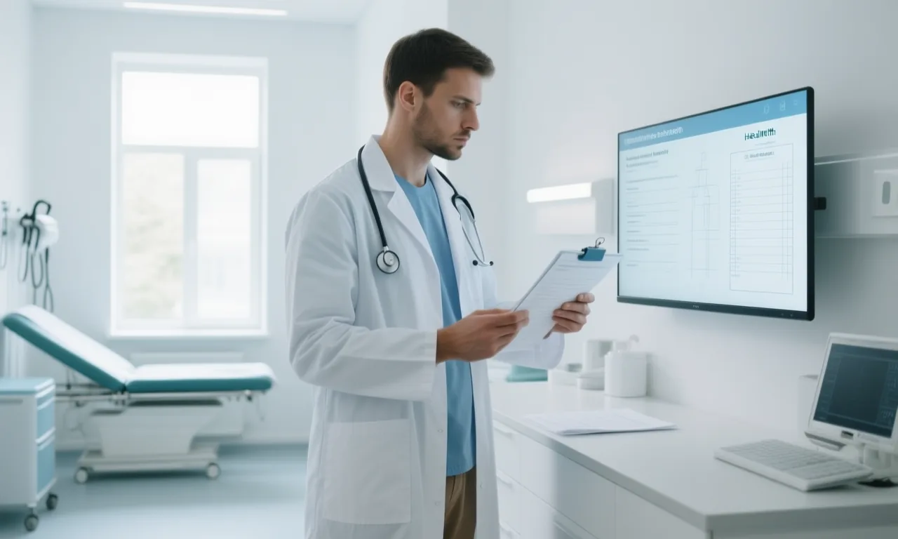 Betriebsärztin prüft eine arbeitsmedizinische Vorsorge in einem hellen modernen Behandlungsraum