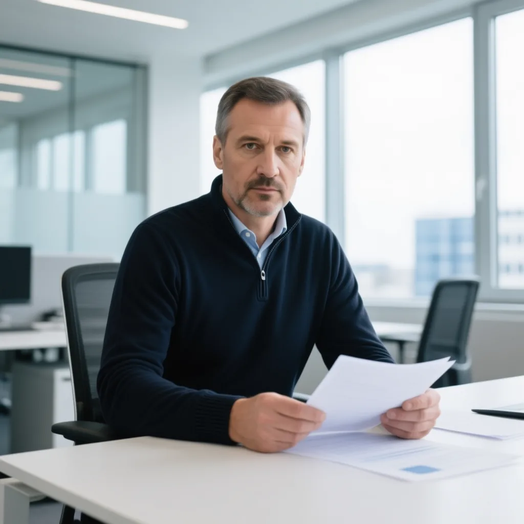Sicherheitsfachkraft sichtet Dokumente in einem hellen modernen Büro