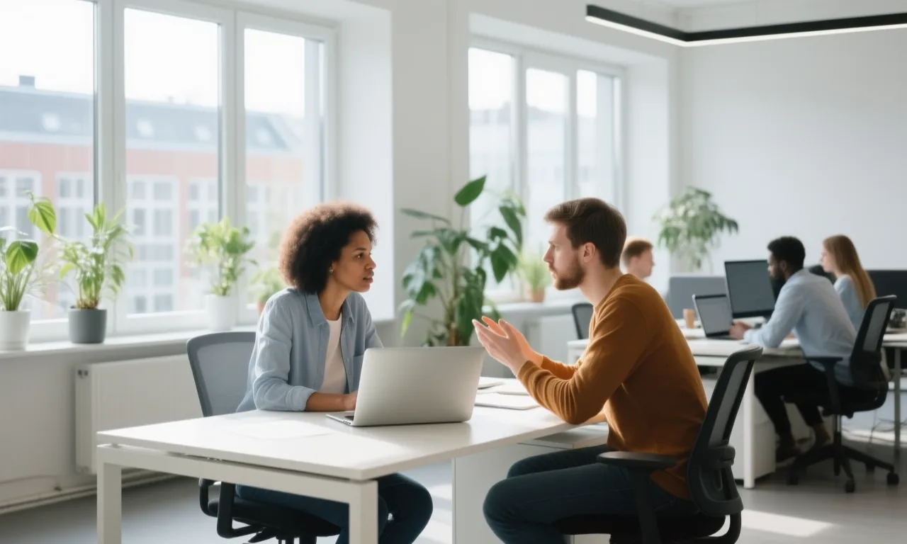 Zwei Teammitglieder besprechen sich an einem Laptop in einem hellen modernen Büro