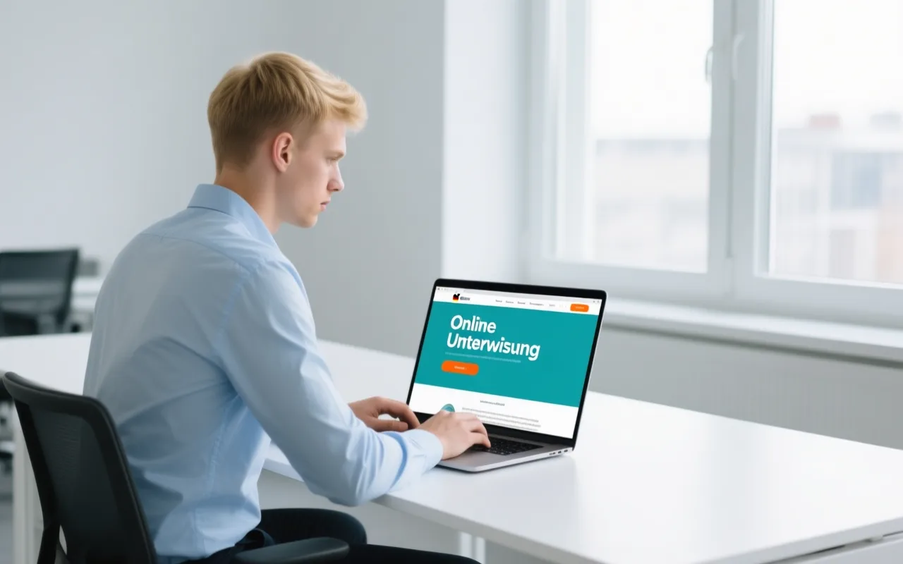 Mitarbeiter absolviert eine Online-Sicherheitsunterweisung am Laptop in einem hellen Büro